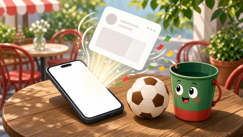 Bright abstract comic of a phone post swept into a cartoon bin beside a football