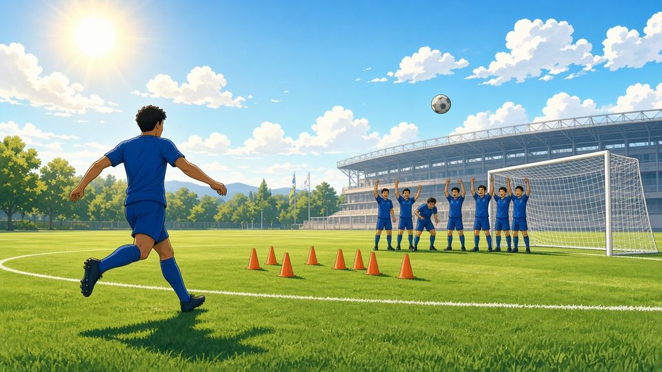Bright comic of an anonymous midfielder curling a free kick over cones into the top corner on a sunny training ground