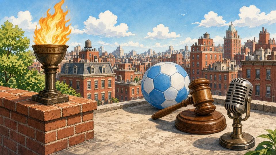 Bright editorial comic of a rooftop torch, blue football, gavel and microphone over a city skyline