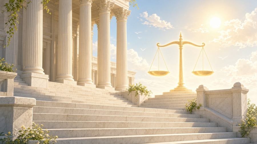 Abstract bright empty courthouse scales metaphor no people