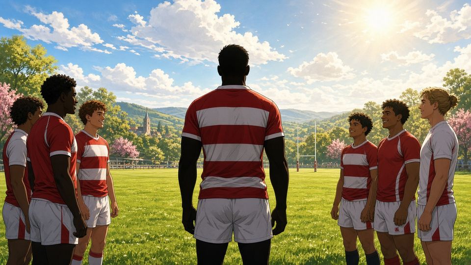 Bright editorial comic of rugby club and country dual commitment