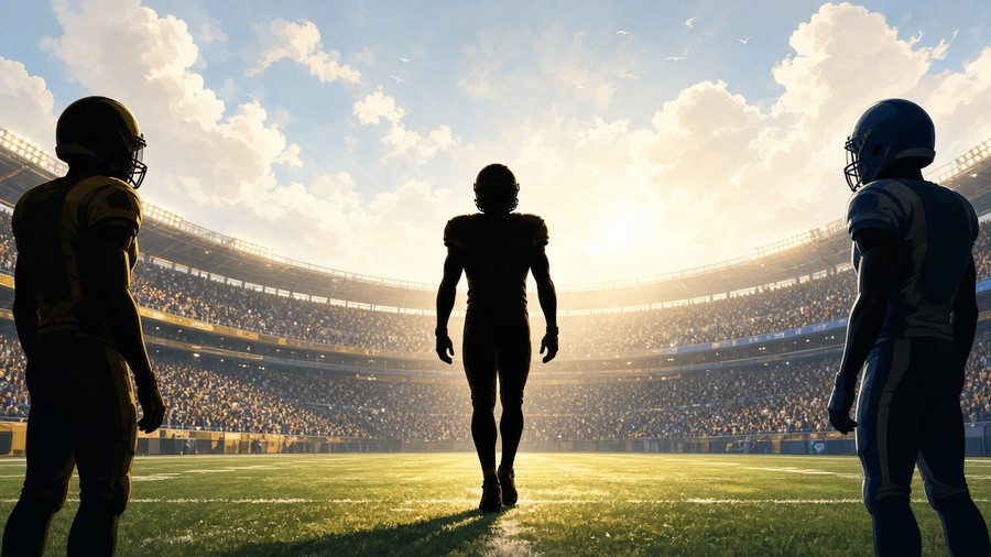 Bright editorial comic of NFL career crossroads silhouette