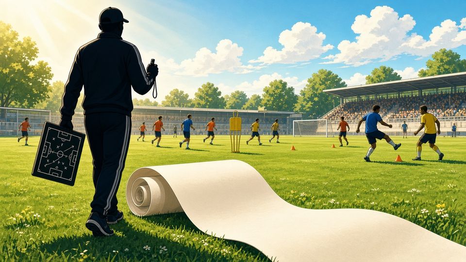 Bright comic of a coach walking past a long blank scroll toward a sunny training ground