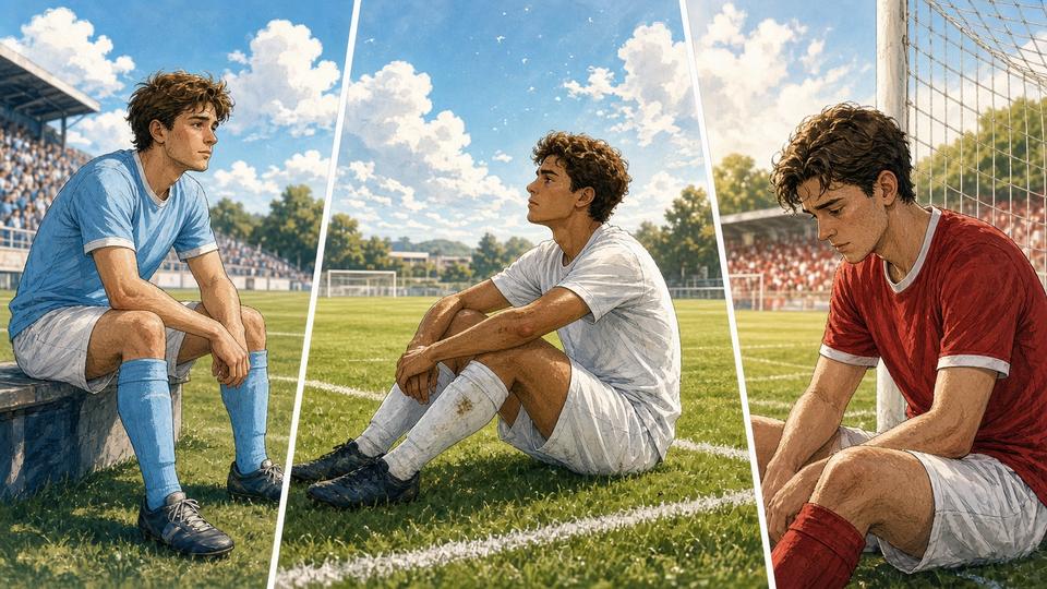 Bright comic montage of anonymous players in sky-blue, white, and cherry-red kits looking reflective after matches