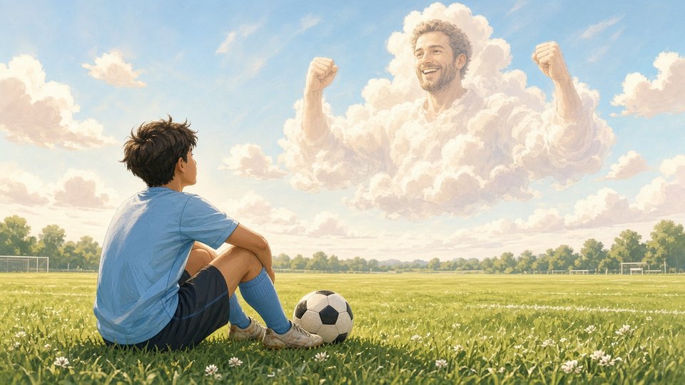 Bright gentle comic of a young footballer looking up at clouds shaped like a cheering father