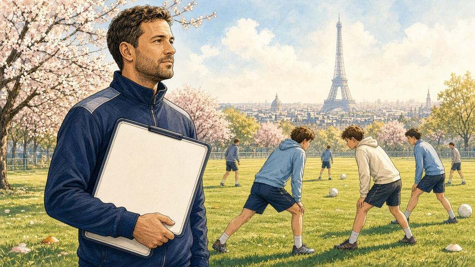 Bright comic of a football coach with a tactics board on a sunny Paris training ground
