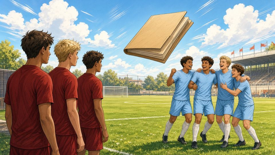Bright comic of anonymous footballers in red looking across at sky-blue players celebrating with a transfer dossier between them