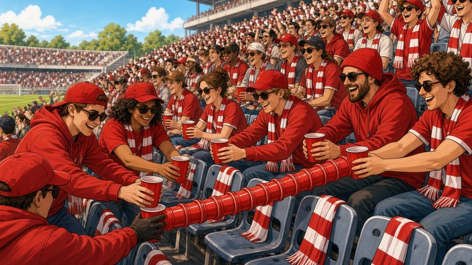 Bright comic of cheerful away fans collecting plastic cups in sunny stadium stands forming a playful beer snake