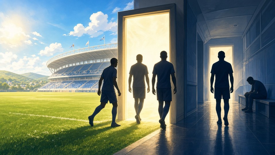Bright editorial comic of players at club doorway transfer metaphor