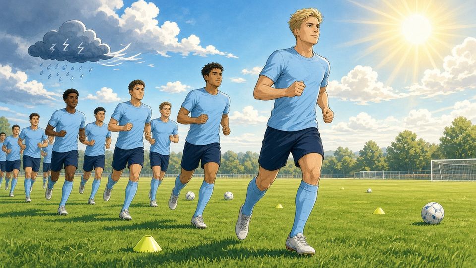 Bright comic of footballers in sky-blue kits jogging onto a sunny training ground as a storm cloud drifts away