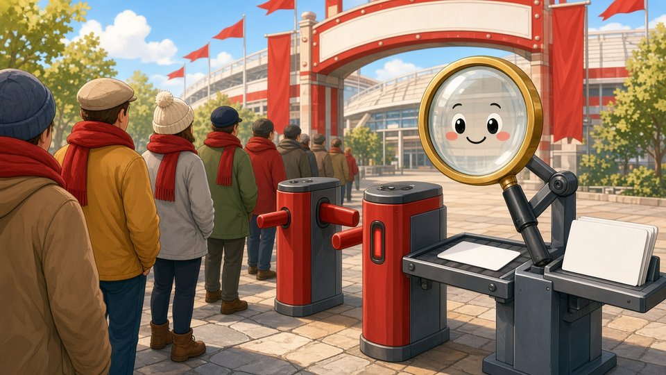 Bright editorial comic of fans in red scarves queuing at turnstiles while a magnifying glass checks tickets