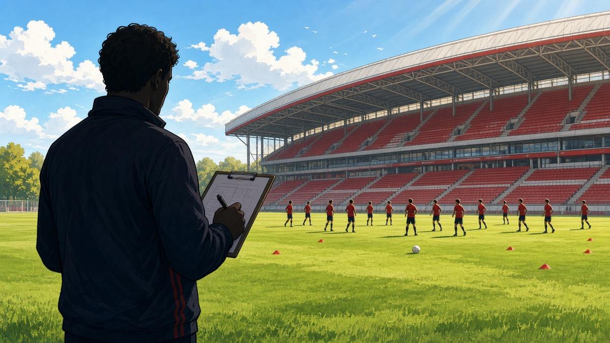 Bright editorial comic of coach and academy under soft daylight