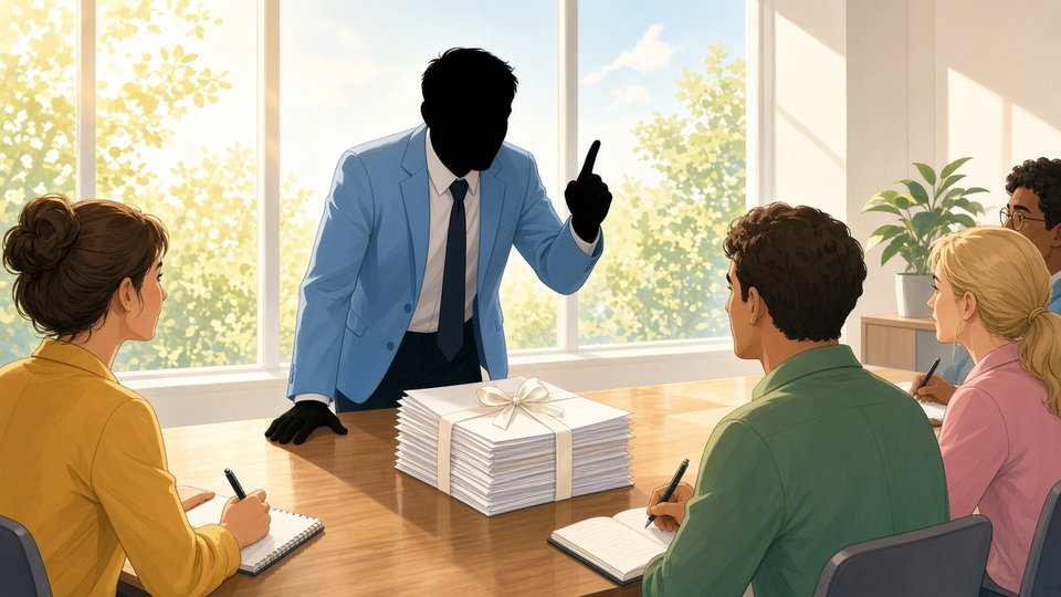 Bright comic of a manager raising a finger at a sunny press conference with a stack of papers on the table
