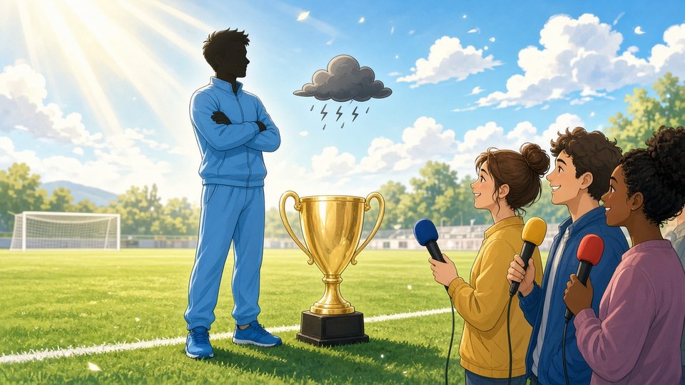 Bright comic of a manager in a sky-blue tracksuit beside a trophy with a small cloud above and reporters nearby