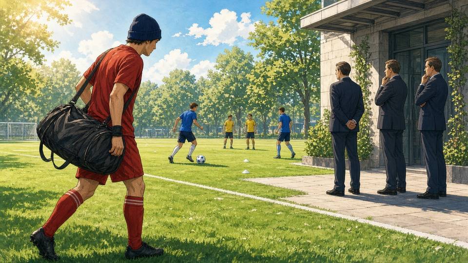 Bright comic of an anonymous defender arriving late to a sunny training pitch while club officials wait nearby