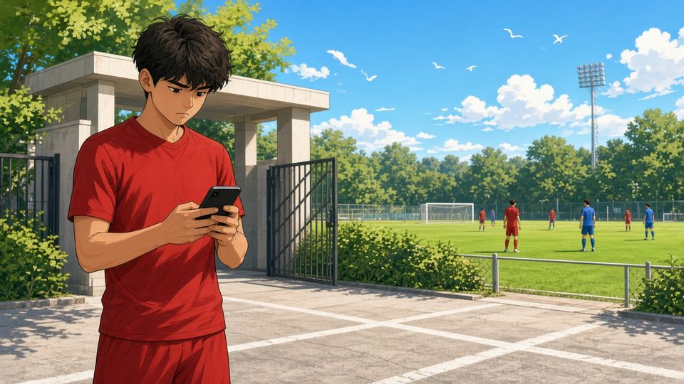 Bright comic of an anonymous defender posting on a phone near a sunny training ground with a measured stubborn mood