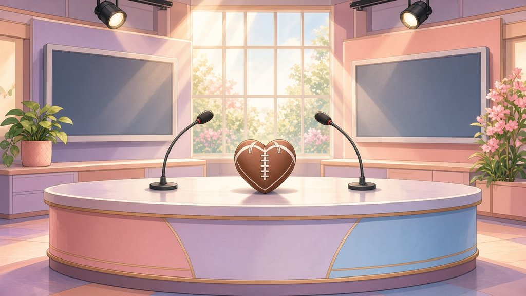 Bright pastel comic of a TV studio desk with two microphones and a heart-shaped ball