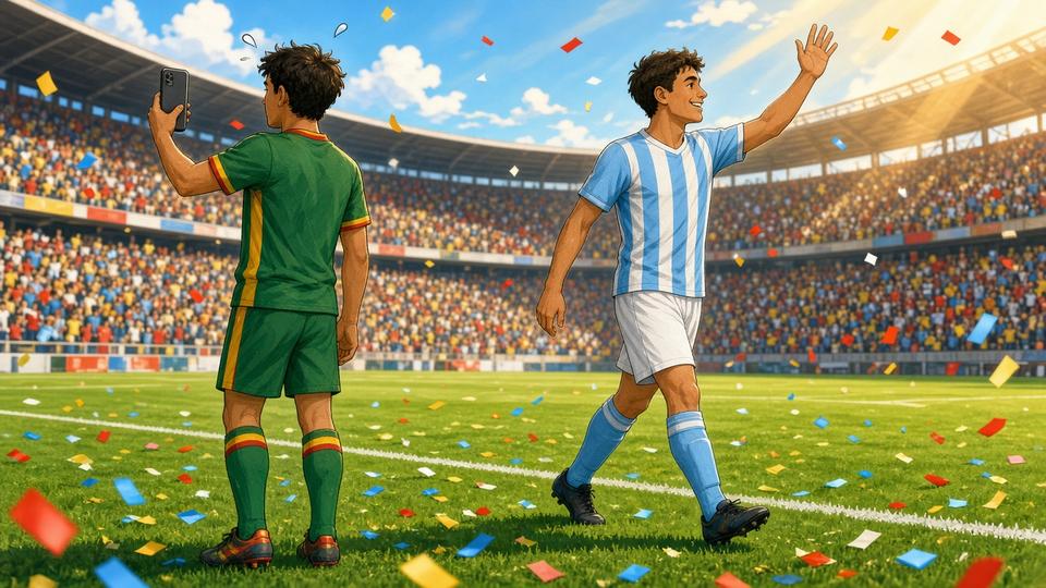 Bright comic of a player holding up a phone for a selfie as a star in sky-blue stripes walks past waving