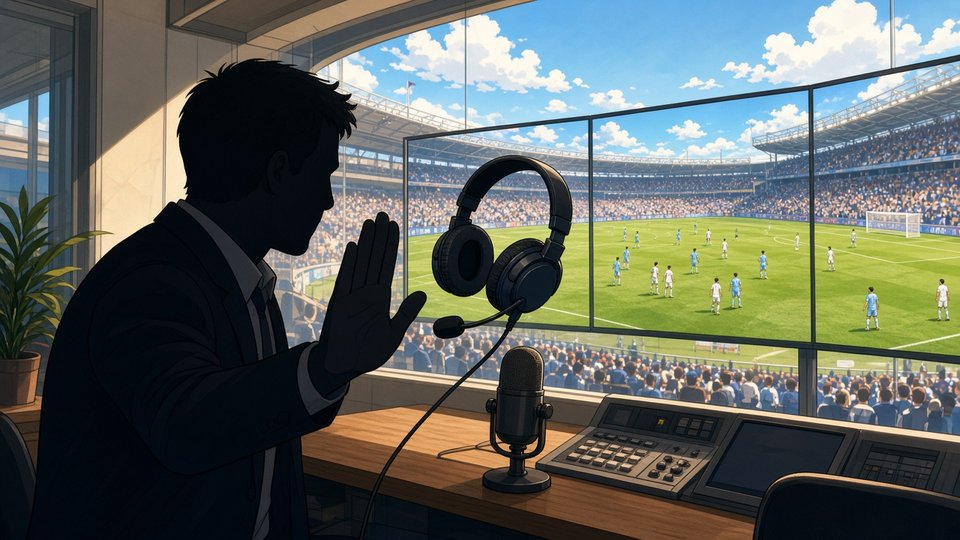 Bright comic of an anonymous pundit silhouette in a sunny broadcast booth overlooking a football match