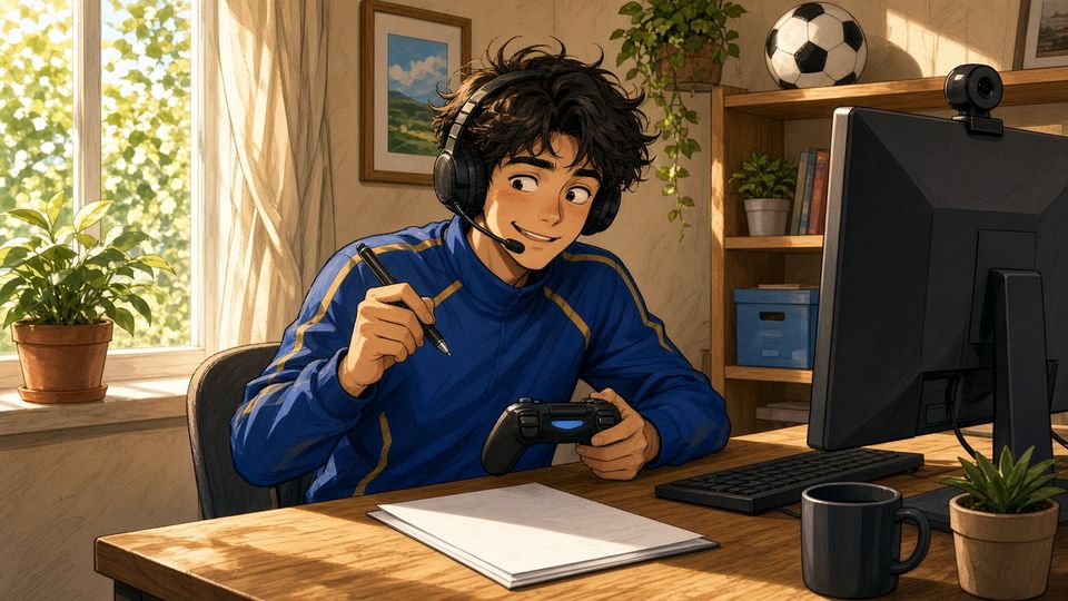 Bright comic of a young footballer with a headset and controller holding a pen over a contract at a sunny desk