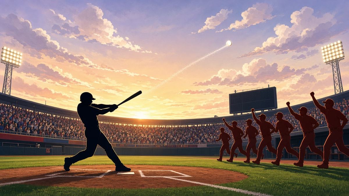 Bright editorial comic of walk-off home-run celebration