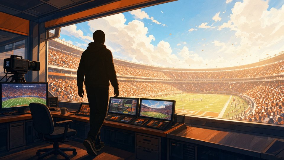 Bright editorial comic of college football broadcast shuffle