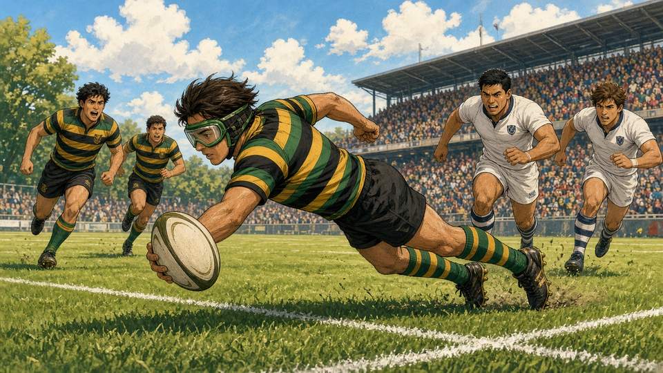 Bright comic of a rugby winger diving over the try line in a sunny stadium