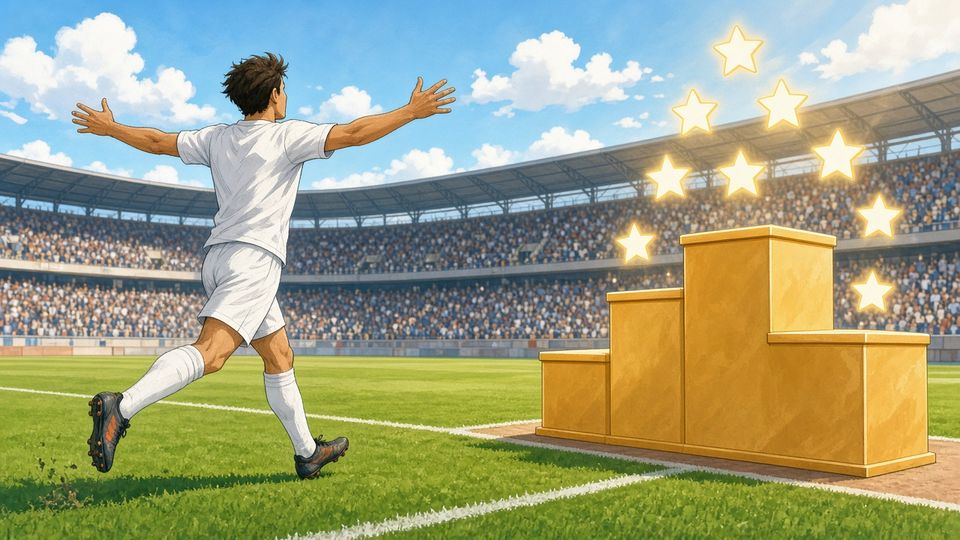Bright editorial comic of a footballer celebrating beside a golden podium