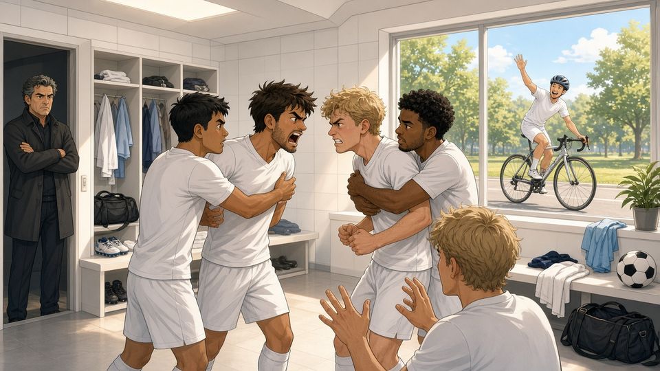 Bright comic of teammates separating two players in a white dressing room while a cyclist rides past the window