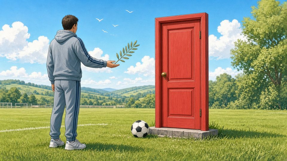 Bright satirical comic of a coach offering an olive branch to a closed red door on a pitch