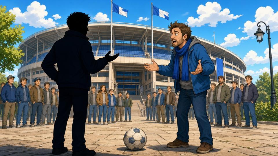 Bright comic of a manager and a fan in a blue scarf debating outside a sunny stadium