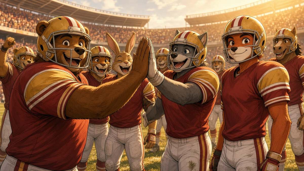 Bright comic of cheerful cartoon football players in red and gold high-fiving after a close win in golden sunshine