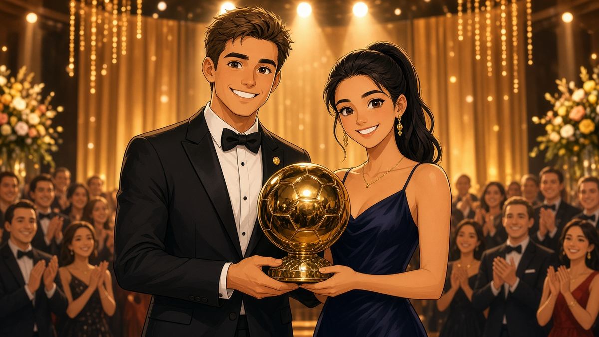 Warm comic of two fictional smiling footballers in evening wear holding a golden ball trophy at a festive gala