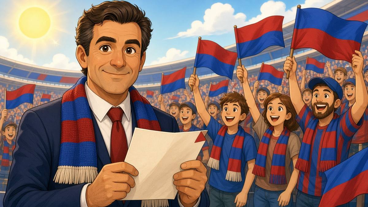 Bright comic of a fictional club official in a blue and red scarf holding a letter before waving fans