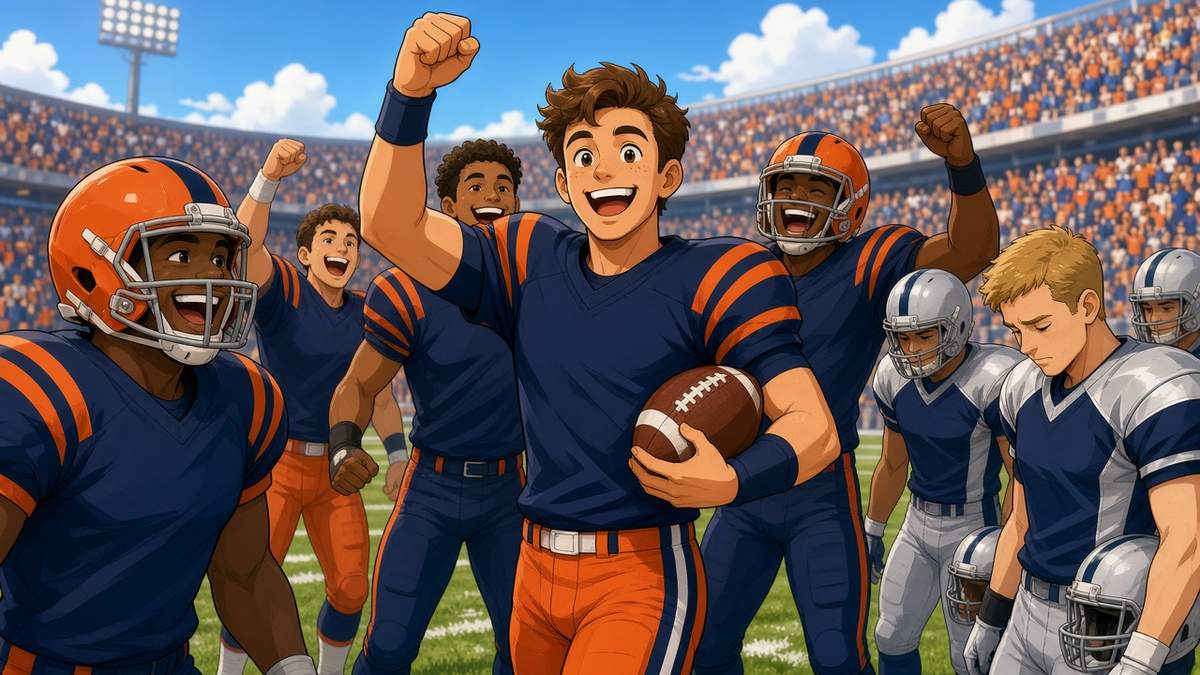 Bright comic of a smiling fictional quarterback in navy and orange celebrating with teammates in a sunny stadium