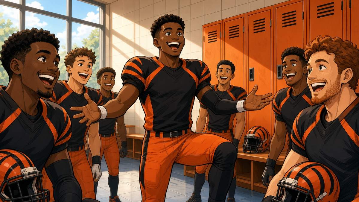 Bright comic of a fired-up fictional receiver in orange and black giving a halftime speech to smiling teammates