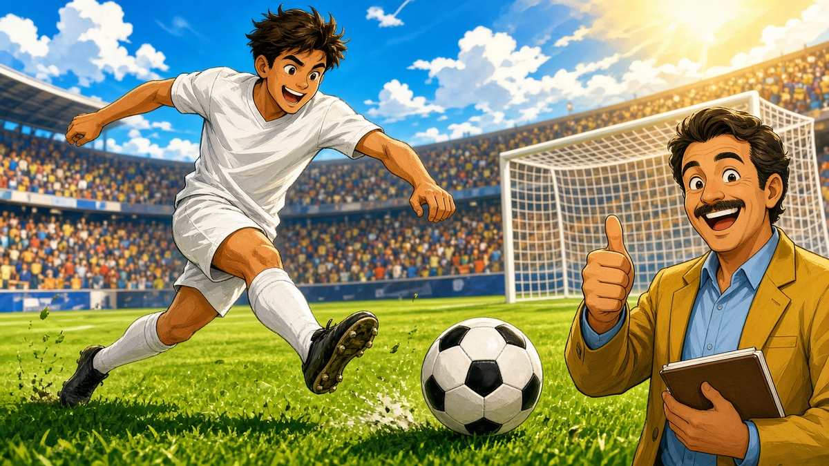Bright comic of a fictional striker in white shooting on a sunny pitch while a pundit gives a thumbs up