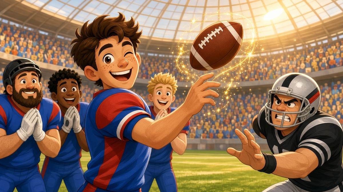 Bright comic of a winking fictional quarterback throwing a sparkling football as cartoon teammates cheer, faces toward the viewer