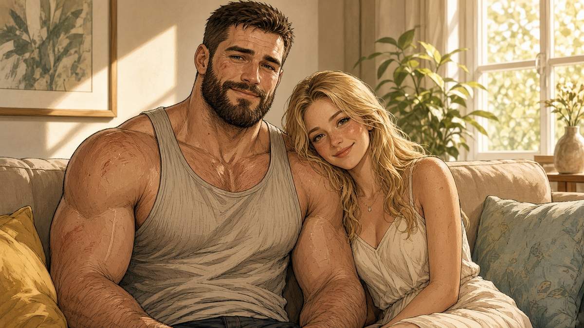 Warm comic of a fictional bearded heavyweight boxer and his supportive wife on a sunny sofa