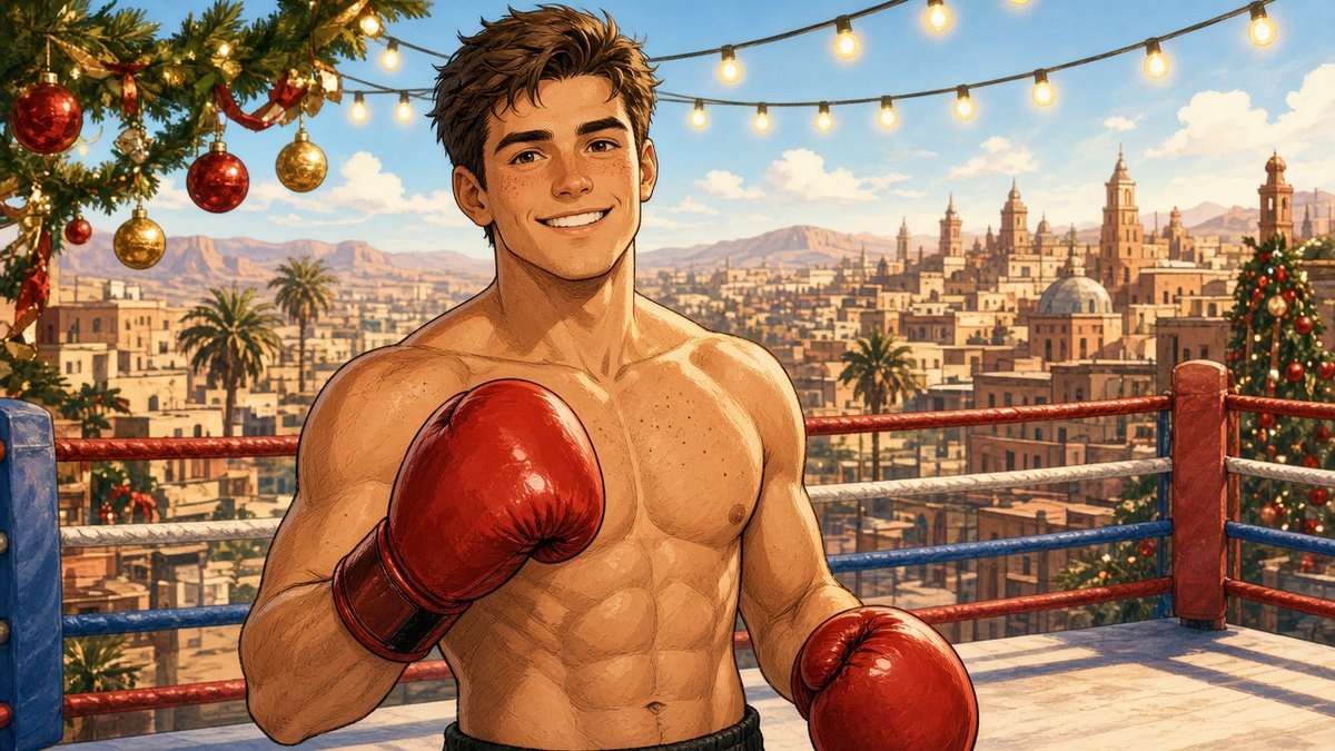 Bright comic of a smiling fictional boxer in red gloves in a festive ring above a sunny desert city