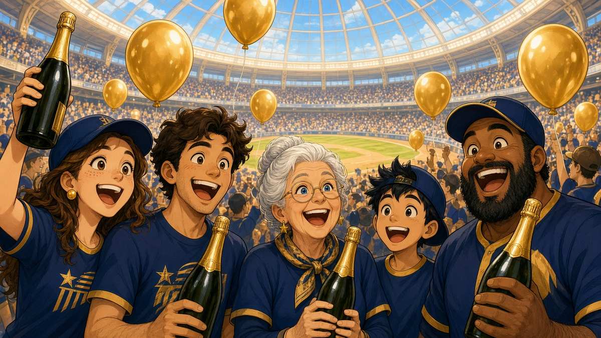 Bright comic of excited fictional fans in navy and gold with balloons and bottles waiting to celebrate