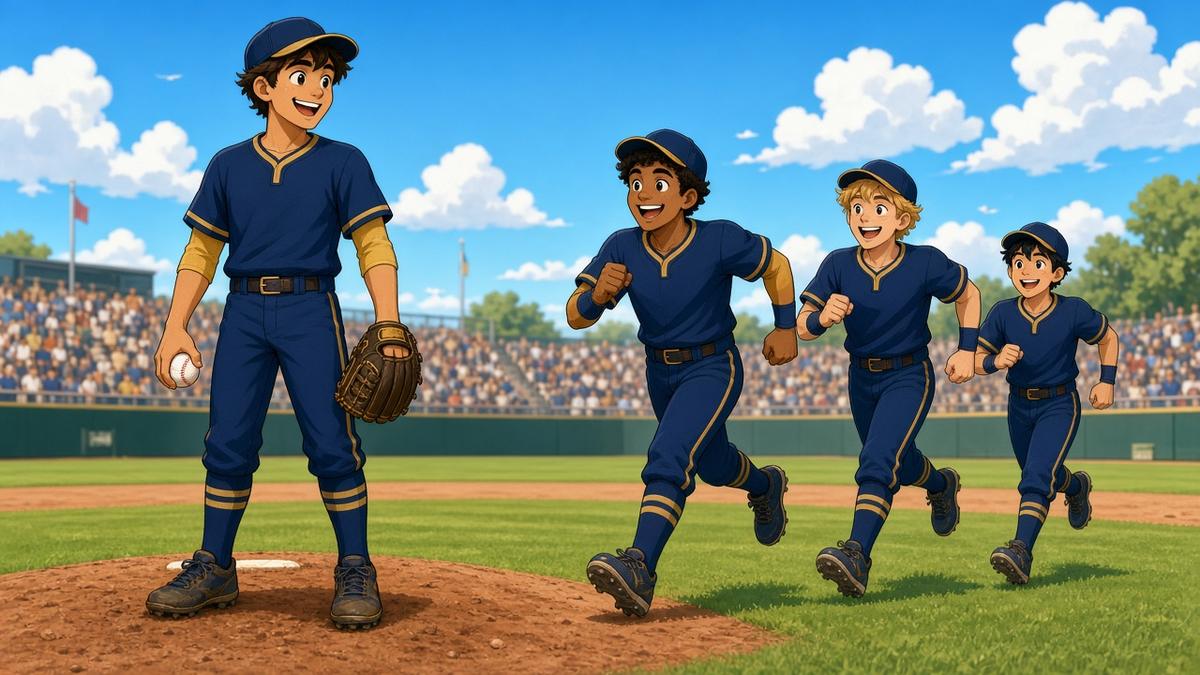 Bright comic of a smiling fictional pitcher in navy and gold with teammates running to celebrate in a sunny ballpark