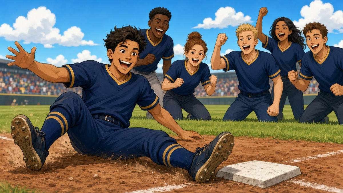 Bright comic of a joyful fictional baseball player in navy and gold sliding into home plate as teammates cheer in a sunny ballpark