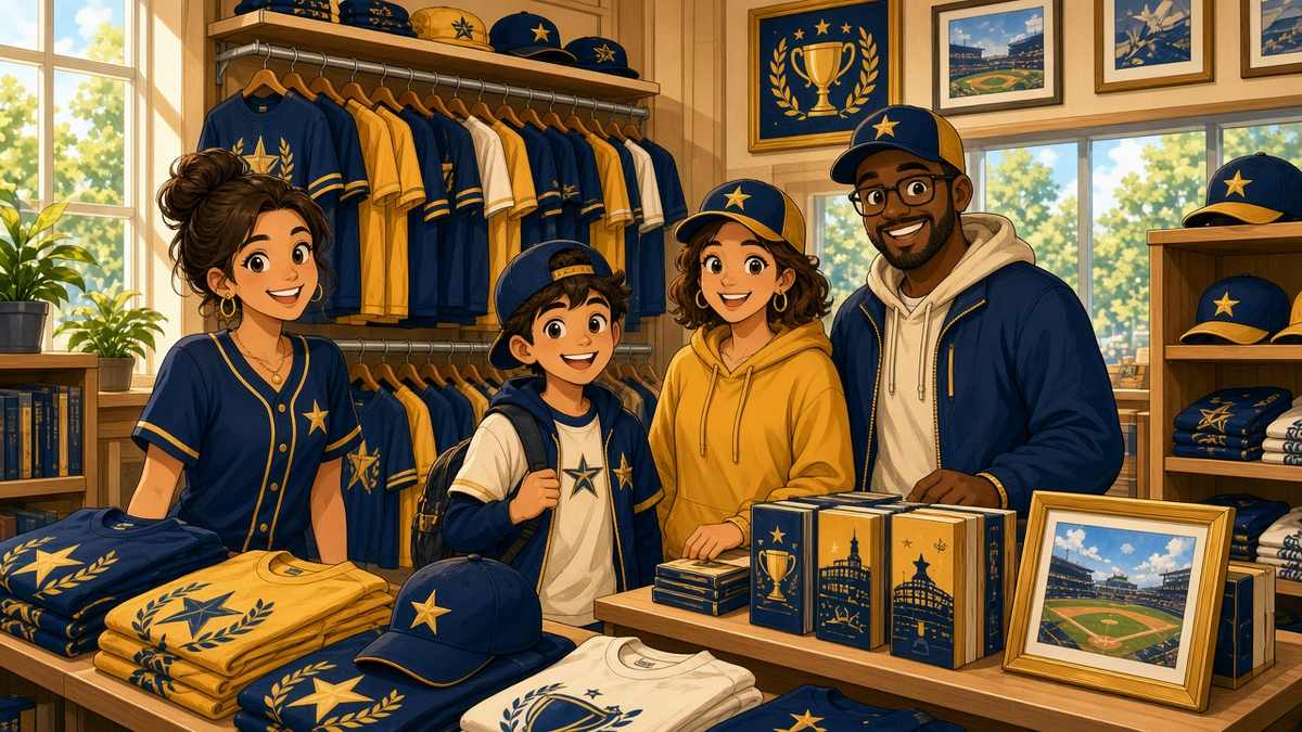 Bright comic of happy fictional fans browsing navy and gold championship shirts, caps and prints in a sunny shop