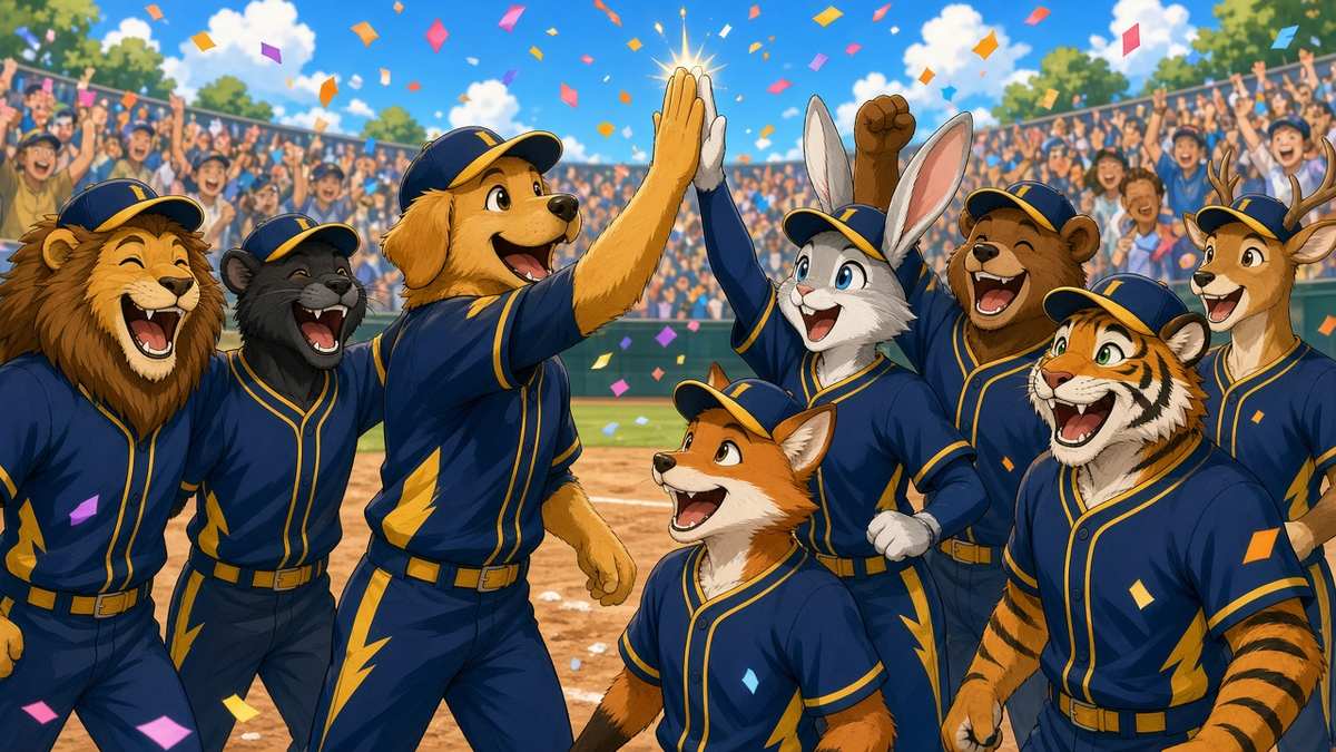 Bright comic of a cheerful fictional baseball team in navy and gold high-fiving on a sunny field with confetti