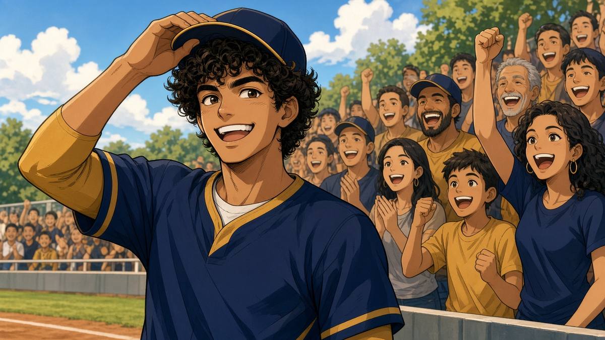 Bright comic of a grinning fictional young outfielder in navy and gold tipping his cap to cheering fans