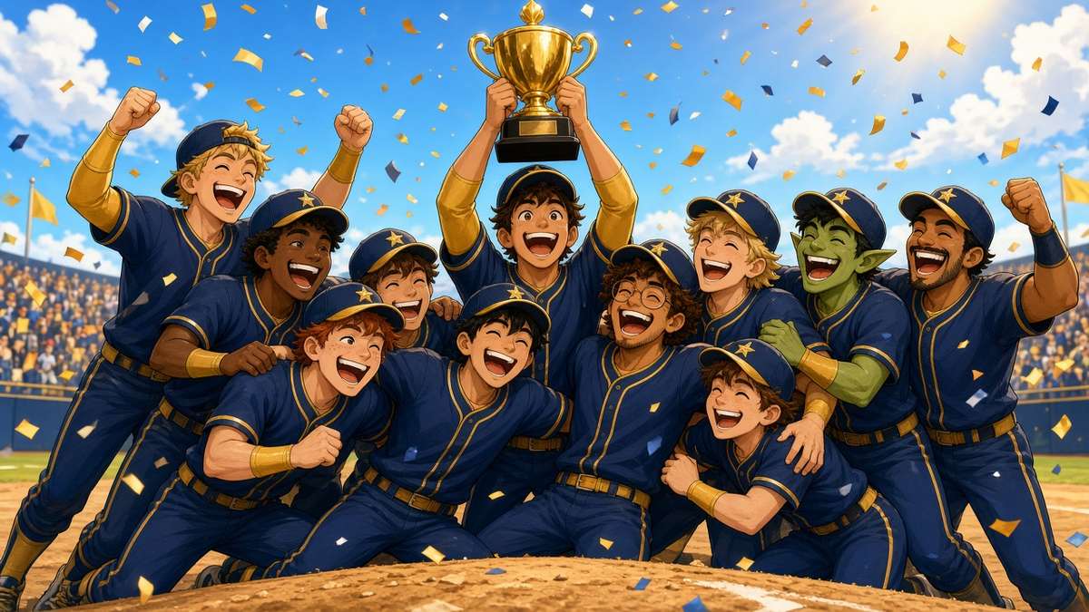 Bright comic of a joyful fictional baseball team in navy and gold lifting a trophy under confetti on a sunny day