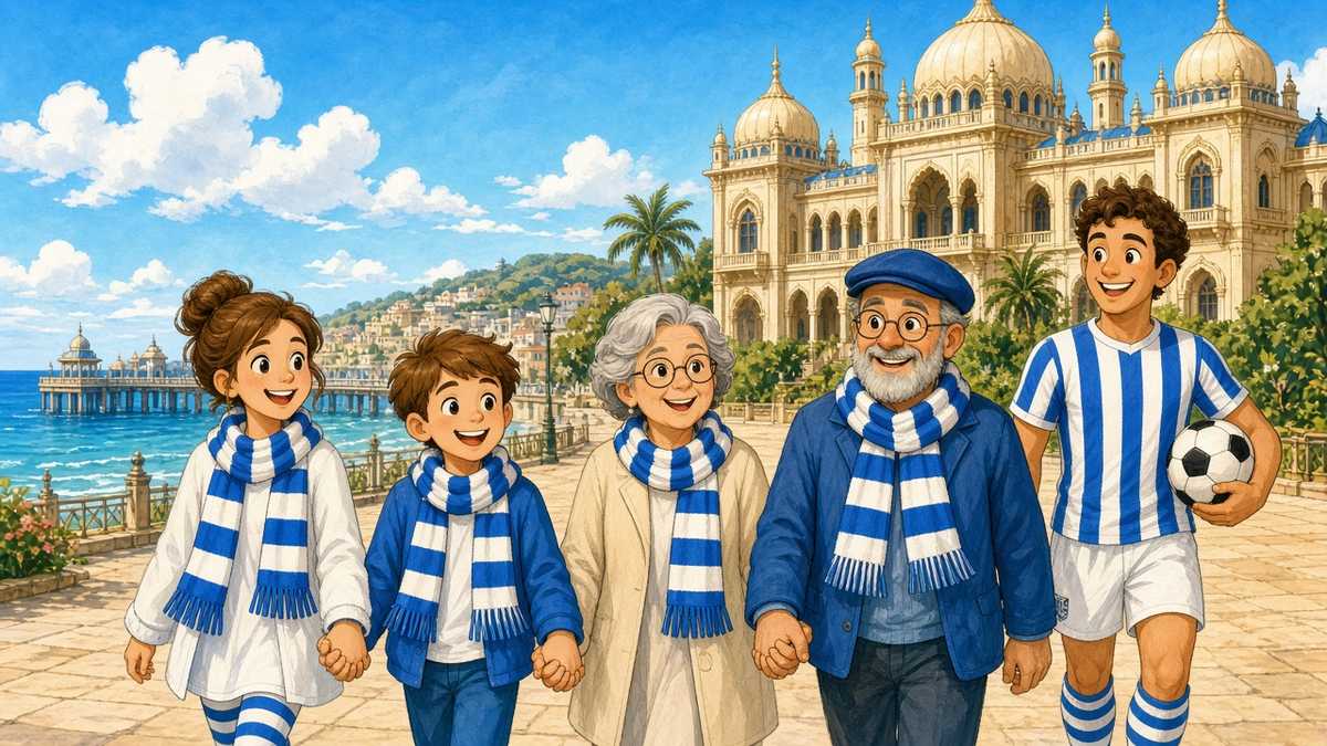 Bright comic of smiling fictional fans in blue and white scarves walking by a domed seaside palace with a player holding a ball