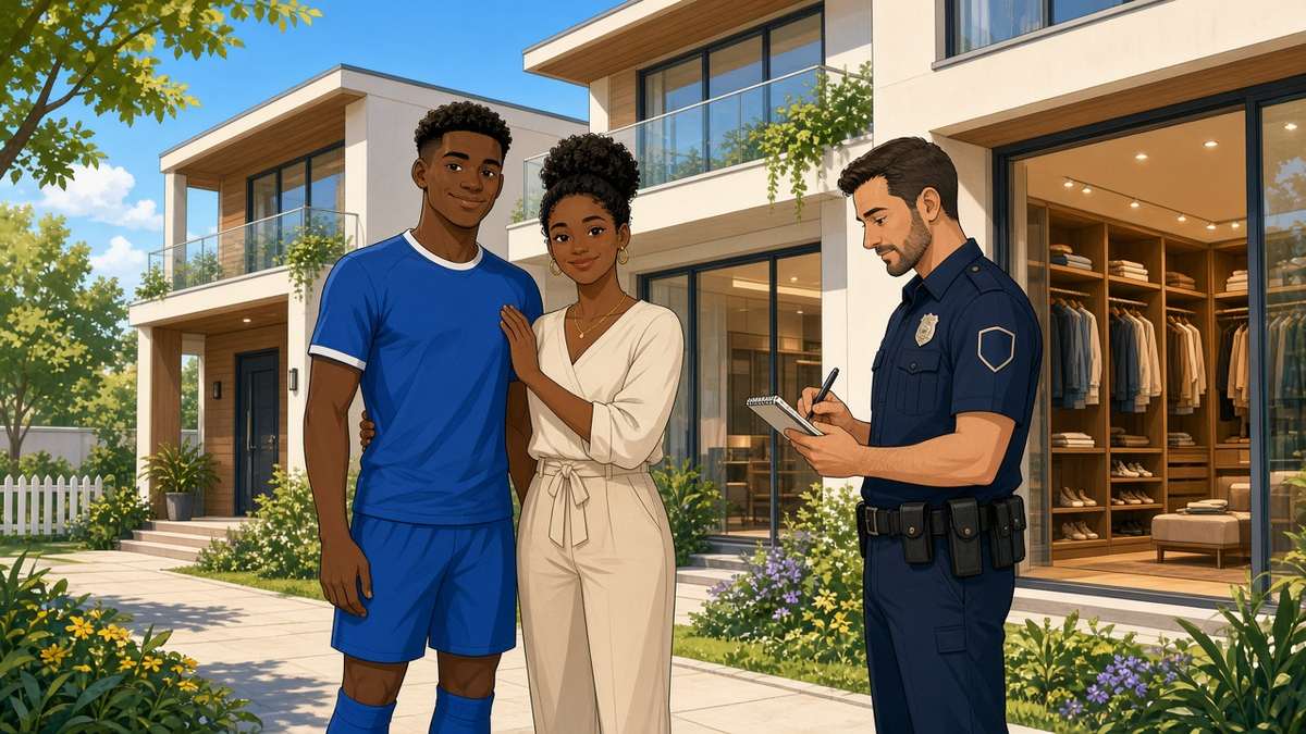 Daytime comic of a fictional footballer and partner with a friendly police officer outside their home