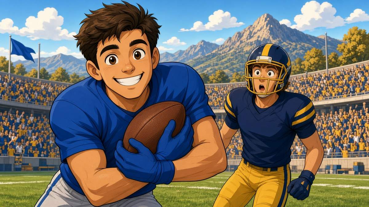 Bright comic of a grinning fictional college defender holding a recovered football as a surprised quarterback looks on, mountain stadium